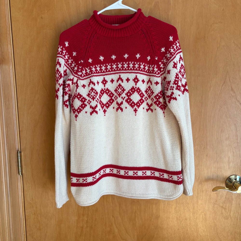 Eddie Bauer Womens Petite Fair Isle Sweater Red Cream Mock Neck Cotton S